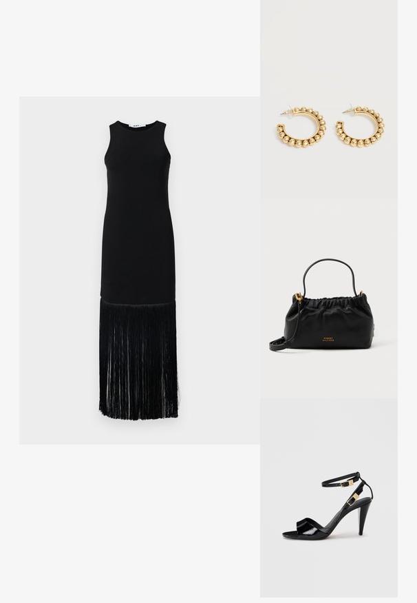 Vestido negro sin mangas con un top ajustado y un dobladillo largo con flecos, confeccionado en una tela suave con un detalle de flecos texturizados en la parte inferior.; Sандalia de tacón alto de charol negro con dobles correas en el tobillo y hebillas doradas, punta abierta y tacón delgado y afilado sobre un fondo neutro.; Bolso de piel negra con parte superior fruncida, una asa corta y una correa de hombro removible. Presenta un acento de logo dorado y una textura suave.; Par de pendientes de aro en tono dorado con detalles de cuentas redondeadas a lo largo del borde exterior sobre un fondo claro.