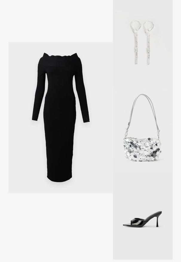 Vestido negro de punto con cuello off-the-shoulder, mangas largas y silueta ajustada que se extiende hasta la mitad de la pantorrilla.; Mules de charol negro con punta abierta, una tira estrecha y tacón stilettos. Textura suave y diseño minimalista con suela plana.; Bolso de mano plateado con lentejuelas, forma redondeada, cierre de cremallera y una correa metálica delgada. Presenta detalles circulares reflectantes y una superficie texturizada.; Pendientes colgantes de plata con cristales transparentes rectangulares y redondos en una línea vertical, asegurados con cierres tipo leverback.