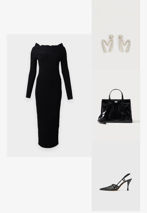 Vestido negro de punto con cuello off-the-shoulder, mangas largas y silueta ajustada que se extiende hasta la mitad de la pantorrilla.; Zapato de tacón alto de charol negro con punta afilada, diseño de tiras entrecruzadas y tacón de aguja delgado. Textura suave y acentos mínimos.; Bolso de mano de piel negra brillante con asas cortas, bandolera desmontable y detalles sutiles de costuras curvas en la parte delantera.; Par de pendientes de metal plateado con forma de letra M angular y postes redondeados sobre un fondo blanco.