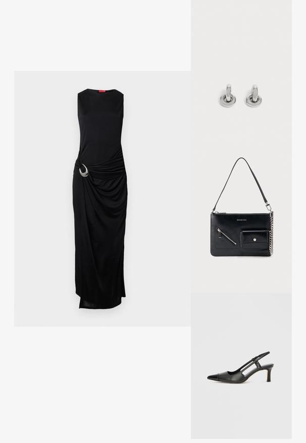 Zwarte mouwloze jurk met een gedrapeerd ontwerp en een zilveren ringaccent bij de taille. Glad materiaal met een lichte glans en een hem die tot op de vloer reikt.; Zwarte leren slingback schoen met een puntige neus, voorzien van een glanzend detail op de neuskap en een hak van gemiddelde hoogte. Open zijkant ontwerp.; Zwarte leren schoudertas van Michael Kors met een bovenste rits, een diagonale voorzak met rits, een klepzak met drukknop en een zilverkleurig kettinkdetail.; Een paar kleine, glanzende zilveren creolen met een ronde basis, afgebeeld op een effen lichte achtergrond.