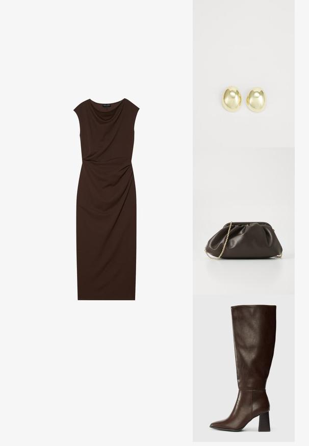 Robe marron longueur genou en tissu lisse, avec un décolleté drapé, des manches courtes et des ruchés sur un côté.; Botte en cuir marron hauteur genou avec un bout pointu et un talon texturé épais. Fini lisse avec des détails de couture minimaux.; Sac à main en cuir marron avec un design froncé, une bandoulière en chaîne dorée et une finition douce et texturée. Sa forme compacte est idéale pour une utilisation en soirée.; Boucles d'oreilles en métal doré avec une forme lisse et arrondie et une finition polie. Design simple sans embellissements supplémentaires.