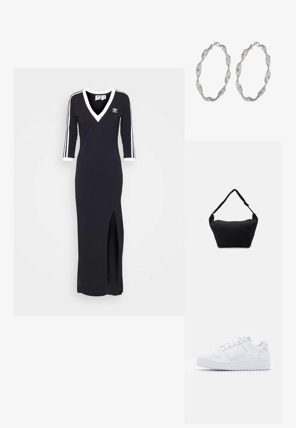 Vestido negro de manga larga con escote en V, franjas blancas a lo largo de las mangas y una apertura lateral. Hecho de tela suave, presenta un pequeño logo en el pecho.; Zapatillas de cuero blanco con una textura suave, punta redonda, diseño de corte bajo, cordones y una suela de plataforma que presenta un sutil logo en el lado.; Bolso de hombro de tela negro con una superficie suave y texturizada, forma redondeada y una sola correa. Diseño minimalista sin hardware ni acentos visibles.; Pendientes de aro de plata con un diseño retorcido, que presentan una superficie texturizada y un cierre seguro. Ligeros y reflectantes con un acabado elegante.