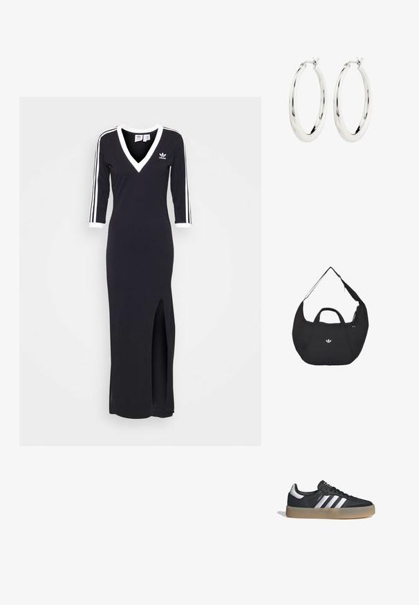 Vestido negro de manga larga con escote en V, franjas blancas a lo largo de las mangas y una apertura lateral. Hecho de tela suave, presenta un pequeño logo en el pecho.; Zapatilla deportiva de cuero negro con tres rayas plateadas, punta texturizada y suela de goma. Cuenta con un collar acolchado y un diseño con cordones.; Bolso negro en forma de media luna de Adidas con asas dobles y correa de hombro ajustable, mostrando el logo blanco de Adidas trefoil en el centro frontal.; Pendientes de aro de plata con un acabado suave y brillante. Forma circular, con un cierre seguro. Diseño sencillo y elegante.