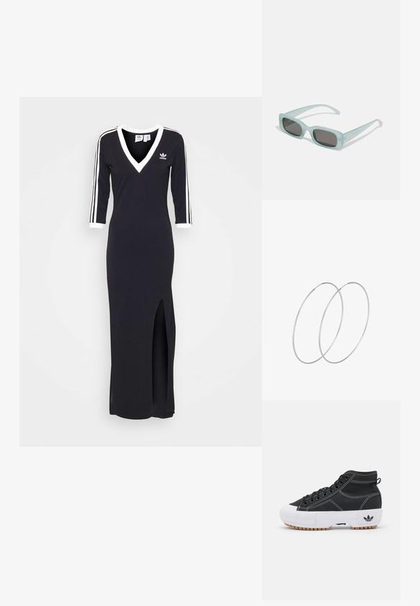 Vestido negro de manga larga con escote en V, franjas blancas a lo largo de las mangas y una apertura lateral. Hecho de tela suave, presenta un pequeño logo en el pecho.; adidas Originals NIZZA TREK - Zapatillas altas - core black/footwear white; Un par de gafas de sol rectangulares con montura translucida azul clara y lentes gris oscuro, que cuentan con patillas rectas y detalles de hardware mínimos.; Pendientes de aro plateados con un diseño minimalista. Forma circular, textura suave y perfil delgado. Livianos con un acabado pulido.