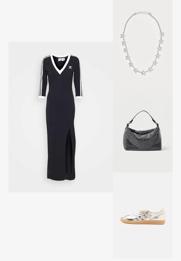 Vestido negro de manga larga con escote en V, franjas blancas a lo largo de las mangas y una apertura lateral. Hecho de tela suave, presenta un pequeño logo en el pecho.; Zapatilla baja con parte superior plateada brillante, tres rayas beige, cordones blancos y suela de goma marrón claro, mostrada de lado sobre fondo blanco.; Bolso negro y plateado con una superficie tejida y texturizada que presenta patrones cuadrados, un asa superior única y un diseño holgado.; Collar de cadena de plata con once charms en forma de estrella, cada uno con una gema central clara, y un cierre ajustable.