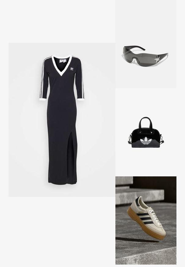 Vestido negro de manga larga con escote en V, franjas blancas a lo largo de las mangas y una apertura lateral. Hecho de tela suave, presenta un pequeño logo en el pecho.; Zapatilla deportiva de ante beige con rayas negras, cordones blancos y suela de goma color caramelo. Presenta la marca "SPEZIAL" en el lateral.; Gafas de sol negras con diseño envolvente, lentes oscuros, acentos brillantes en forma de estrella y almohadillas nasales ajustables.; Bolso de mano de charol negro con forma redondeada, dos asas en la parte superior, acentos plateados y un prominente logotipo blanco en la parte delantera.