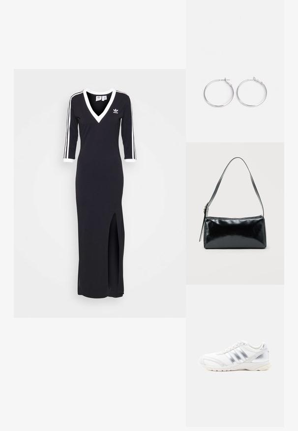 Vestido negro de manga larga con escote en V, franjas blancas a lo largo de las mangas y una apertura lateral. Hecho de tela suave, presenta un pequeño logo en el pecho.; Zapatilla deportiva blanca con detalles plateados, material superior texturizado, diseño de tres franjas y suela gruesa de goma.; Bolso de hombro rectangular negro con una correa ajustable y un cierre de cremallera superior sobre un fondo liso.; sweet deluxe EARRING - Pendientes - silver-coloured