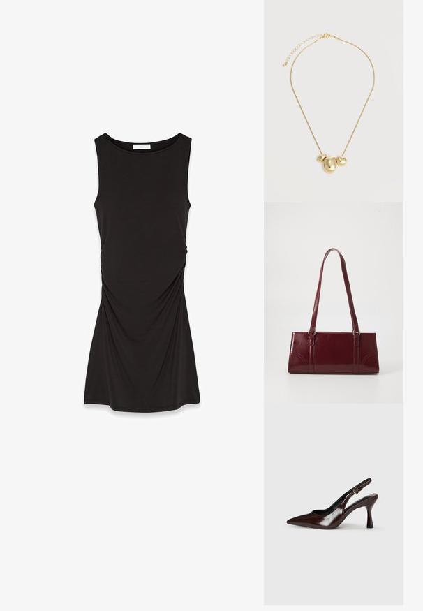 Robe noire sans manches en tissu doux, avec un col rond et des détails froncés sur les côtés pour une silhouette fluide.; Talons slingback en cuir verni brun avec un bout pointu, un talon fin, et une sangle réglable avec une petite boucle.; Sac à main bordeaux en matériau brillant, de forme rectangulaire, avec deux anses et des accents légèrement courbés à l'avant.; Collier doré avec trois pendentifs irréguliers en forme de galets lisses sur une chaîne fine avec fermoir réglable.
