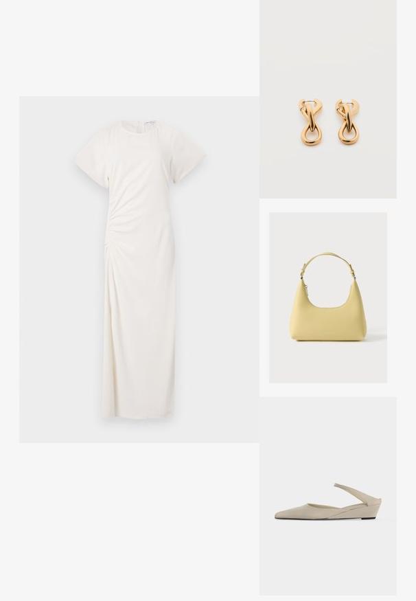 Robe blanche à manches courtes, décolleté rond et détails de ruching sur les côtés ; tissu lisse avec une silhouette longue jusqu'au sol.; Chaussure slingback beige à petit talon compensé, bout pointu et finition mate lisse, présentée de profil sur fond blanc.; Sac à main en cuir jaune avec une silhouette incurvée, une bandoulière courte réglable et un compartiment zippé. Présente un logo subtil à l'avant.; Paire de boucles d'oreilles créoles en bouclettes dorées brillantes sur fond blanc uni, présentant un design torsadé entrelacé.