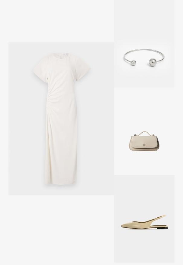 Robe blanche à manches courtes, décolleté rond et détails de ruching sur les côtés ; tissu lisse avec une silhouette longue jusqu'au sol.; Chaussure plate beige à bout pointu avec bride arrière, petit talon noir et finition en cuir lisse, vue de côté sur un fond uni.; Petit sac à main en cuir beige avec poignée supérieure et logo CK argenté sur le rabat avant, présenté sur fond blanc.; Bracelet jonc en métal argenté avec deux accents sphériques à chaque extrémité, surface lisse, design ouvert et forme épurée et minimaliste.