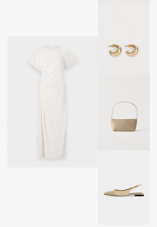 Robe blanche à manches courtes, décolleté rond et détails de ruching sur les côtés ; tissu lisse avec une silhouette longue jusqu'au sol.; Chaussure plate beige à bout pointu avec bride arrière, petit talon noir et finition en cuir lisse, vue de côté sur un fond uni.; Sac à main tissé beige avec fine bandoulière et petit logo doré "BOSS" à l'avant, présenté sur fond blanc uni.; Deux boucles d'oreilles en forme de cerceau en or brillant, avec un design courbé, présentant des accents orange près de la tige, sur fond blanc uni.