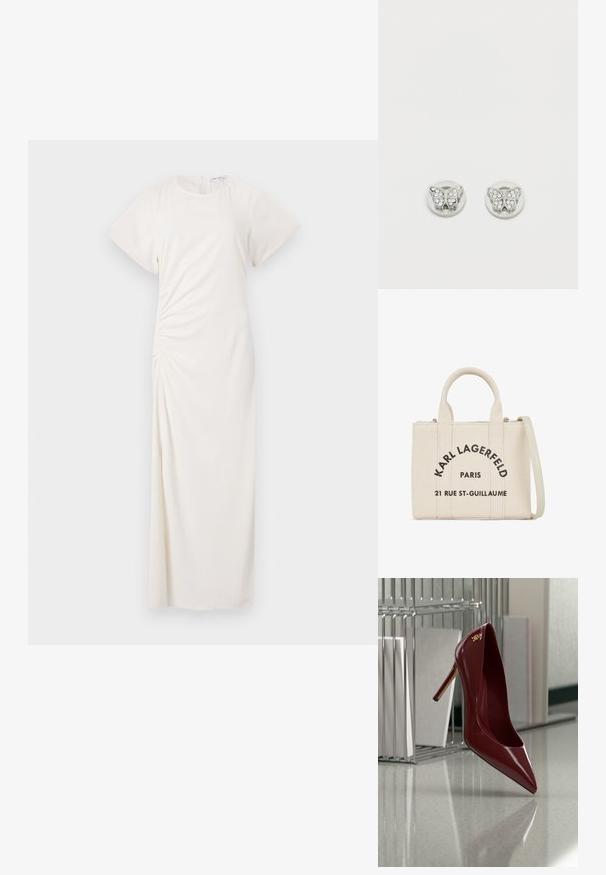 Vestido blanco con mangas cortas, escote redondeado y detalle de fruncido lateral; tejido suave con una silueta de largo hasta el suelo.; Zapato de tacón alto brillante de color rojo oscuro con punta puntiaguda, colocado sobre un suelo gris reflectante junto a un organizador metálico para archivos.; Bolso de lona en color crema con texto de logo negro, forma estructurada, dos asas cortas y correa larga desmontable para un transporte versátil.; Pendientes de botón en forma de mariposa plateada adornados con pequeños cristales transparentes sobre un fondo blanco liso.