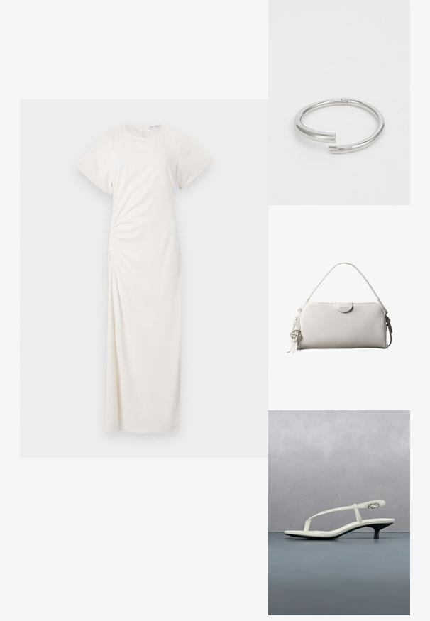 Vestido blanco con mangas cortas, escote redondeado y detalle de fruncido lateral; tejido suave con una silueta de largo hasta el suelo.; Sandalia blanca de tacón kitten con tiras y punta afilada, flotando sobre un suelo de baldosas de madera al aire libre, con un fondo desenfocado de plantas y pared.; Bolso rectangular blanco de Calvin Klein con un solo asa, diseño minimalista y borlas decorativas con un charm metálico geométrico en el lateral.; Calvin Klein SPIRAL - Pulsera - silver-coloured