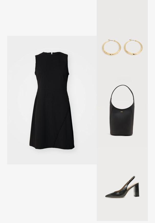 Musthave mustriga kleit, mis on varrukateta, ümmarguse kaeluse ja tekstuurse äärega ning millel on kõver õmblus dekoratiivsete detailidega ees.; Mustast nahast terava varbaga slingback-kinga kõrge plokk-kontsaga ja beežsisemise voodriga tavalise heledal taustal.; Mustast nahast ämbrikesekujuline kott ühe õlarihmaga ja väike kuldne BOSS logo, mis on tsentreeritud kotipõhja lähedal esiküljel.; Paari poleeritud kuldsete rõngakujuliste kõrvaklappidega, millel on õhukesed varred ja liigendlukud, kuvatakse ühevärvilisel heledal hallil taustal.