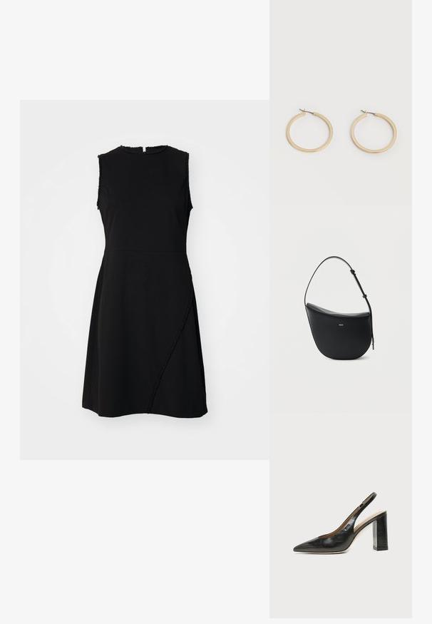 Musthave mustriga kleit, mis on varrukateta, ümmarguse kaeluse ja tekstuurse äärega ning millel on kõver õmblus dekoratiivsete detailidega ees.; Mustast nahast terava varbaga slingback-kinga kõrge plokk-kontsaga ja beežsisemise voodriga tavalise heledal taustal.; Mustast nahast poolkuu-kujuline õlakott reguleeritava rihmaga ja esiküljel keskel kuldse „BOSS“ logoga.; Paari keskmise suurusega siledad kuldsed kõrvarõngad hingedega kinnitusdetailiga, taustaks lihtne hele pind.