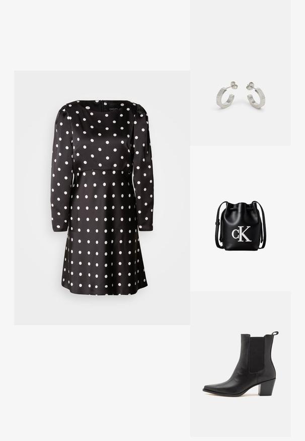 Sort kjole med hvide prikker, lange ærmer og rund halsudskæring. Lavet af glat stof med hvide cirkulære mønstre over det hele.; Dolce Vita SHADIE - Støvletter - black; Sort læder bucket taske med snørelukning på toppen og hvidt "cK" logo foran, med justerbar skulderrem.; Sølv metal hoop øreringe med et tekstureret design, der har en lille post bagpå og branding på en af øreringene. Rund form med en poleret overflade.