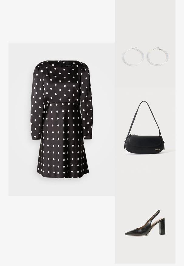 Sort kjole med hvide prikker, lange ærmer og rund halsudskæring. Lavet af glat stof med hvide cirkulære mønstre over det hele.; Sort læder peep-toe slingback sko med høj blokhæl og beige indvendig foring mod en ensfarvet lys baggrund.; Sort skuldertaske i læder med buet klap, guld "HUGO" logo på forsiden og enkelt justerbar strop.; Par skinnende sølvøreringe med tynde trådlåse, vist på en lys grå baggrund.