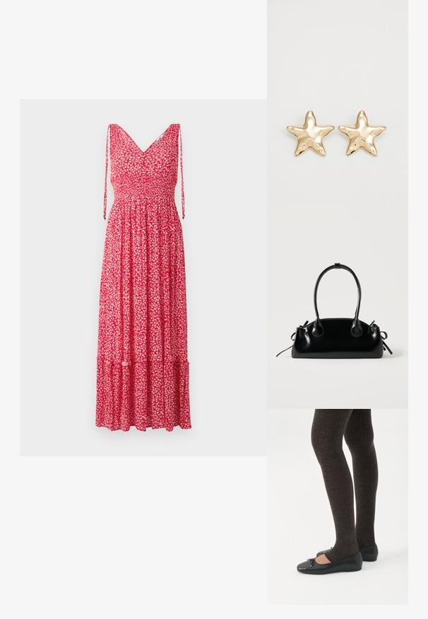 Robe maxi à fleurs rouges avec décolleté en V, bretelles ajustables, corsage froncé et ourlet à volants. Le tissu présente de petits motifs floraux blancs.; Jambes portant des leggings côtelés foncés associés à des ballerines noires avec de petits détails en nœud sur fond blanc.; Petit sac à main noir brillant avec deux longues anses et des détails à cordon sur les côtés sur un fond clair uni.; Boucles d'oreilles en forme d'étoile dorée avec une finition lisse et brillante et un design tridimensionnel, comportant cinq pointes et une texture légèrement incurvée.