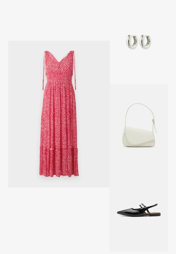 Rode bloemrijke maxi-jurk met V-hals, verstelbare straps, gerimpelde korsage en gelaagde zoom. Stof bevat kleine witte bloemmotieven.; Zwarte gepatineerde leren slingback schoenen hebben een spitse neus, twee banden met gespsieraden en een platte zool.; Witte nepleren handtas met een gestructureerde driehoekige vorm, een enkele verstelbare schouderriem en een klep met ronde accenten.; Zilveren creolen met een glad, afgerond ontwerp en een glanzende afwerking. Voorzien van een eenvoudige scharnier sluiting voor gemakkelijk dragen.