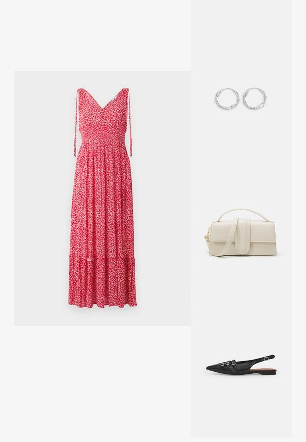 Vestido maxi rojo con flores, escote en V, tirantes ajustables, cuerpo fruncido y dobladillo en capas. La tela presenta pequeños patrones florales blancos.; Zapato plano slingback de cuero negro con puntera puntiaguda, que presenta dos correas horizontales y hebillas plateadas cuadradas, tacón bajo y textura suave.; Bolso de mano de cuero color crema con forma rectangular, asa plana y correa desmontable; presenta un solapa frontal con cierre magnético.; Pendientes de aro plateados con textura ondulada e irregular. Presentan una forma circular delgada y un acabado reflectante.