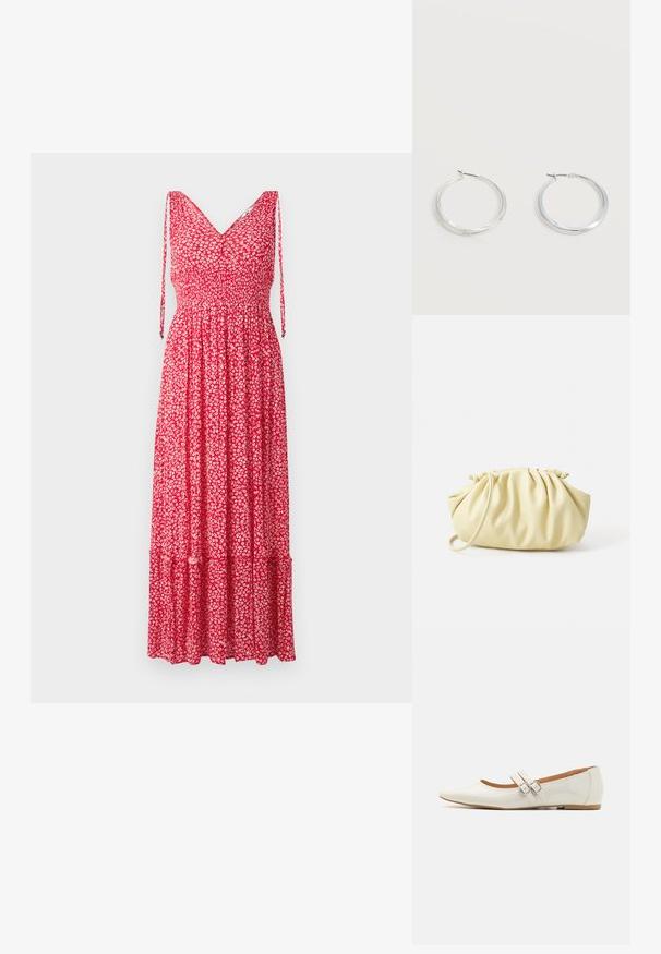 Rode bloemrijke maxi-jurk met V-hals, verstelbare straps, gerimpelde korsage en gelaagde zoom. Stof bevat kleine witte bloemmotieven.; Witte patenten leren ballerina's met een puntige neus, twee decoratieve banden met zilveren gespen en een subtiele bruine zool.; Geel geplooide handtas van soepel nepleer, met een zachte vorm, een enkele schouderriem en een verzameld ontwerp aan de bovenkant.; Zilverkleurige metalen creolen oorbellen met een glad, licht gebogen oppervlak en sluitingen met haaksluiting op een effen witte achtergrond.
