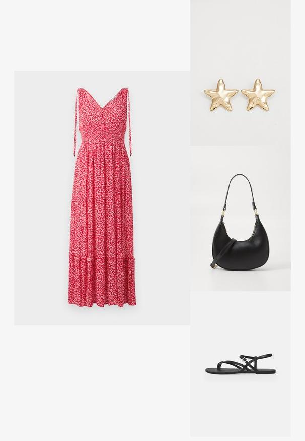 Vestido maxi rojo con flores, escote en V, tirantes ajustables, cuerpo fruncido y dobladillo en capas. La tela presenta pequeños patrones florales blancos.; Sandalia plana negra con tiras finas, lazo para el dedo del pie y correa ajustable con hebilla en el tobillo sobre un fondo gris claro liso.; Bolso de mano de cuero negro con forma curva, que cuenta con un cierre superior con cremallera, un asa corta y una correa para el hombro desmontable. Accesorios en dorado.; Pendientes en forma de estrella dorada con un acabado suave y brillante y un diseño tridimensional, que presentan cinco puntas y una textura ligeramente curvada.