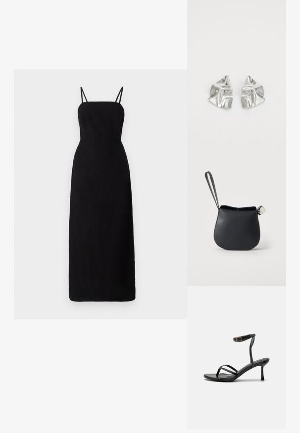 Schwarzes, bodenlanges Kleid mit dünnen Trägern, einem taillierten Oberteil und einer glatten Textur. Minimalistisches Design ohne Muster oder Akzente.; Schwarze High-Heels-Sandalen mit einem schmalen Riemendesign, glatter Textur, Knöchelverschluss und einer spitzen Fußspitze. Verstellbares Knöchelriemchen.; Schwarze Leder-Handgelenktasche mit abgerundetem Boden und silbernem Verschluss auf schlichtem weißem Hintergrund.; Silberne Metallohrringe mit einem wellenförmigen, skulpturalen Design, das eine polierte Oberfläche und unregelmäßige Formen aufweist, die eine zeitgenössische Ästhetik betonen.