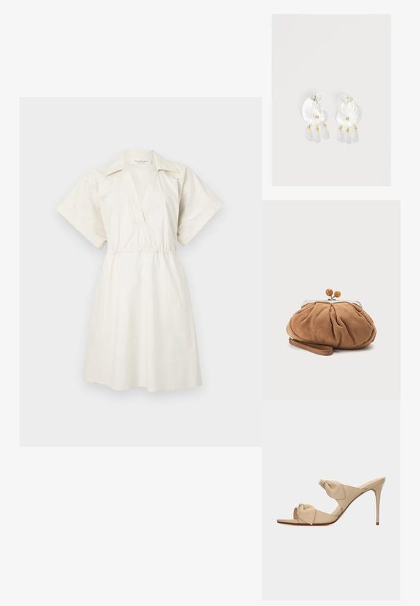 Hvid, kortærmet kjole med V-udskæring og indsnævret talje, lavet af letvægtsstof, med en afslappet pasform og minimal detaljer.; Beige åben tå højhælet mule-sandal med to snoede knudestrimler og en slank stilet-hæl på hvid baggrund.; Lille blød brun ruskind clutch taske med rynket stof, metal-lukning, træperledekorationer og håndledsrem på hvid baggrund.; Gennemsigtige øreringe i skalform af harpiks med små gyldne accenter og tre hængende gennemsigtige dråbeformede charms på hver ørering.