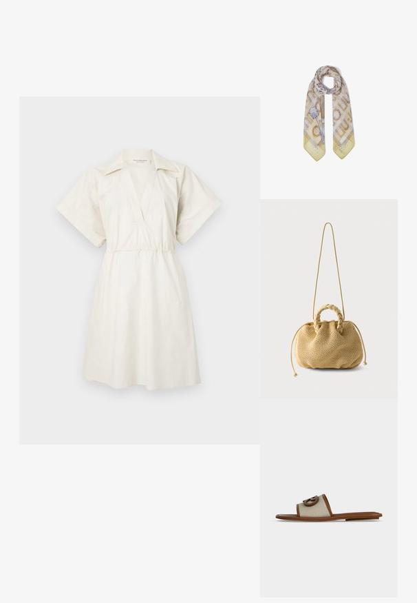 Vestido blanco de manga corta con escote en V y cintura ajustada, hecho de un tejido ligero, que presenta un corte holgado y detalles mínimos.; Sandalia plana deslizante con suela de cuero color tostado y una ancha tira de tela beige con un logo circular marrón en relieve en la parte superior.; Bufanda beige claro con patrones de llaves y borlas en dorado y lila, fondo punteado y bordes amarillo pálido con acentos circulares.; Bolso tejido beige con asas trenzadas en la parte superior, laterales con cordón ajustable y una correa larga y delgada para el hombro sobre un fondo blanco liso.