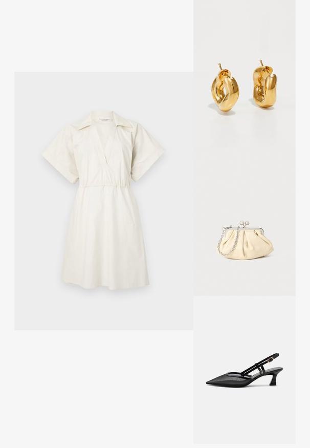 Hvid, kortærmet kjole med V-udskæring og indsnævret talje, lavet af letvægtsstof, med en afslappet pasform og minimal detaljer.; Sort spids tå slingback-sko med mesh-øverdel, tynde stropper, guldlås og lav buet hæl på hvid baggrund.; Plisseret beige læderclutch med en sølvmetalramme, der har to runde dekorative låse og en sølvkædetrasporte.; Chunky guld hoop øreringe med et let snoet, rørformet design og postsystem bagpå, på en hvid baggrund.