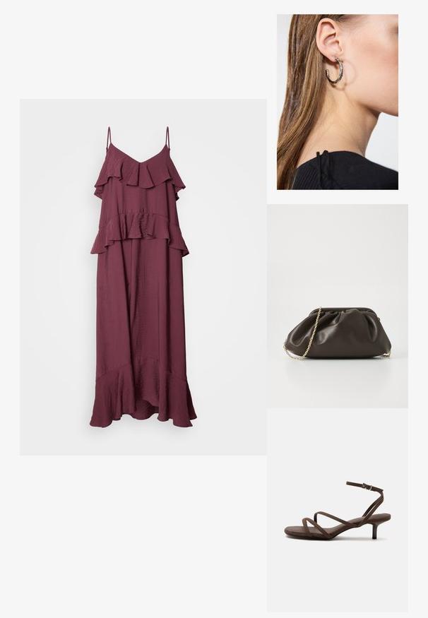 Robe maxi bordeaux avec bretelles spaghetti ajustables. Présente un design à volants superposés et un ourlet évasé, fabriquée à partir d'un tissu léger et texturé.; Sandale marron à talons hauts avec fines lanières croisées et bride de cheville avec boucle argentée sur fond blanc.; Sac à main en cuir marron avec un design froncé, une bandoulière en chaîne dorée et une finition douce et texturée. Sa forme compacte est idéale pour une utilisation en soirée.; Boucle d'oreille en argent avec une finition polie, présentant de petits détails en or et de forme ronde, portée sur le lobe.
