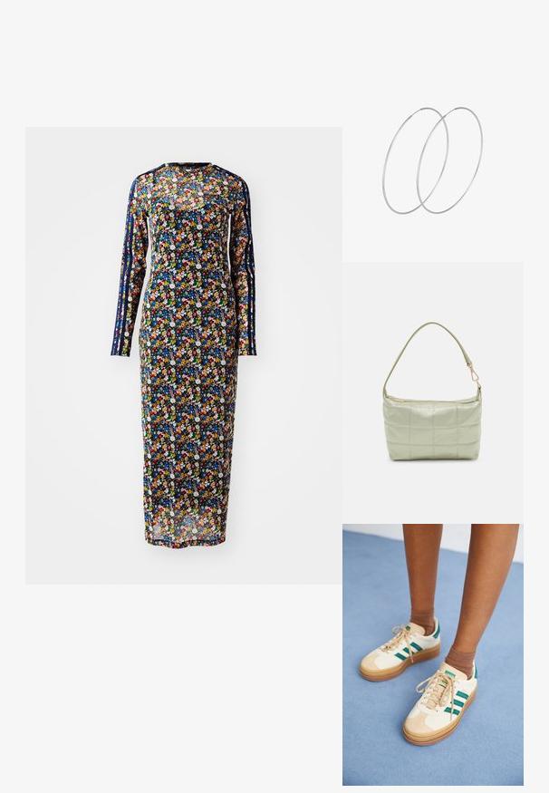 Langarm floral jurk van doorzichtig materiaal met een marineblauwe achtergrond, met kleurrijke bloemenpatronen en zijstrepen in verschillende tinten.; Beige sneakers met donkergroene strepen, rubberen zool, bovenwerk van suede en textiel, en neutrale hardware, gecombineerd met bruine sokken op een lichtblauwe ondergrond.; Gewatteerde groene schoudertas met een zachte textuur, rechthoekige vorm, enkele schouderriem en een ritsluiting in goudkleur. Voorzien van een gewatteerd patroon.; Zilveren hoepel oorbellen met een minimalistisch ontwerp. Cirkelvormig, gladde textuur en dun profiel. Lichtgewicht met een gepolijste afwerking.