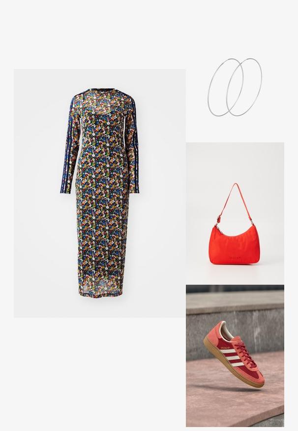 Vestido floral de manga larga en tela transparente con fondo azul marino, que presenta patrones de flores coloridas y franjas laterales en diferentes tonos.; Zapatilla Adidas Spezial roja y naranja con rayas blancas y suela de goma flotando sobre una superficie de hormigón y escalones de fondo.; Bolso de mano de nylon rojo con una silueta curva, una sola correa, herrajes plateados y detalle de logo en relieve en la parte frontal. Textura suave.; Pendientes de aro plateados con un diseño minimalista. Forma circular, textura suave y perfil delgado. Livianos con un acabado pulido.