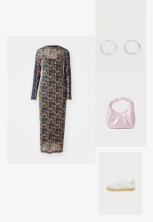 Pikad varrukad, lilleline kleit läbipaistvast kangast sinisel taustal, millel on värvikirevad lilleseerud ja külgmised triibud erinevates toonides.; Valged Adidas Samba tossud beeži seemisnahast triipude, kanna plaastri, varba katte ja kummist tallaga valgel taustal.; Roosa, polsterdatud käekott ümmarguse disainiga, valmistatud läikivast materjalist. Omab kogutud käepidet ja lukuga sulgemist, et tagada turvaline ligipääs.; Hõbedased metallist rõngakujulised kõrvarõngad, millel on sile, kergelt kaarduv pind ja lukustuvad tagused kinnitused, valgel taustal.