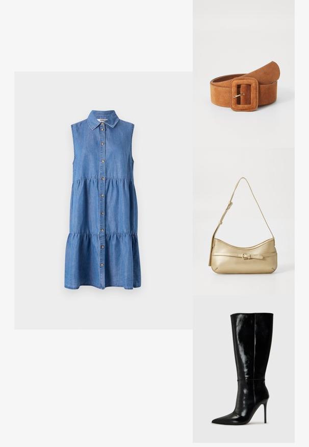 Denim-sleevetön mekko, jossa on napitettava etuosa, kerroksellinen röyhelöhame, pistekaulus ja vaalea sininen väri.; Musta nahkainen polvitumppi saappaat, joissa on kärki ja korkea stiletto-korko. Tasaisen sileä pinta ja virtaviivainen muotoilu, jossa on minimaalinen yksityiskohtaisuus.; Metallinen kultainen olkalaukku, jossa on kaareva muoto, sileä pinta, litteä hihna ja koristeellinen solki etupuolella.; ONLY ONLKAIA - Vyö - cognac