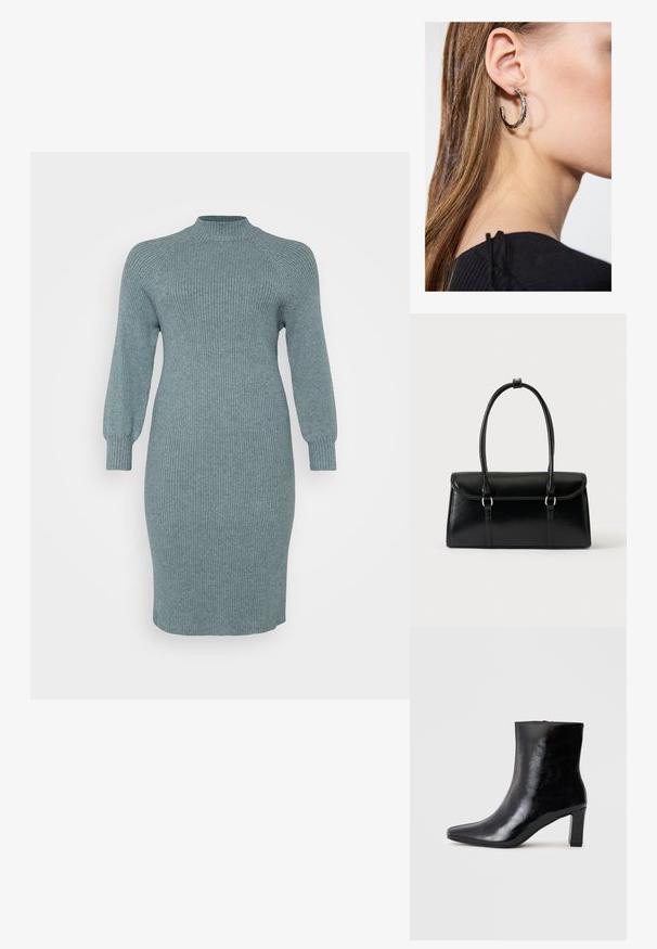 Vestido de punto de color verde azulado con mangas largas abullonadas y un cuello alto, ajuste entallado, hasta la rodilla, acabado texturizado, sin patrones visibles ni elementos metálicos.; Botín negro de tobillo hecho de cuero brillante, con punta afilada y un tacón de bloque medio, con una textura suave y un diseño sencillo.; Bolso rectangular de cuero negro con cierre de solapa y dos asas largas sobre un fondo blanco liso.; Pendiente de aro de plata con un acabado pulido, que presenta pequeños detalles en dorado y una forma redonda, llevado en el lóbulo.