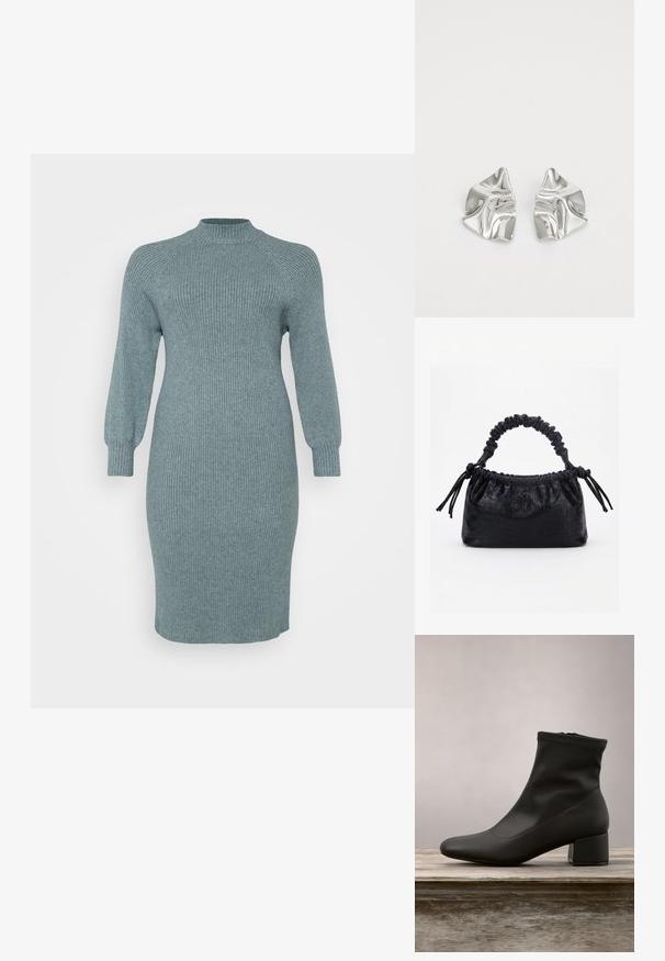Ribbed teal Strickkleid mit langen Puffärmeln und hohem Halsauschnitt, taillierte Passform, knielang, strukturierte Oberfläche, keine sichtbaren Muster oder Hardware.; Schwarzer Knöchelstiefel mit glattem, glänzendem Lederfinish, schrägem Blockabsatz und einem eng anliegenden, elastischen Schaft für eine schlanke Silhouette.; Schwarze Handtasche mit Krokodilstruktur, gerafftem oberen Rand, zusammengezogenem Griff und Zugkordeln mit Quasten an jeder Seite vor weißem Hintergrund.; Silberne Metallohrringe mit einem wellenförmigen, skulpturalen Design, das eine polierte Oberfläche und unregelmäßige Formen aufweist, die eine zeitgenössische Ästhetik betonen.