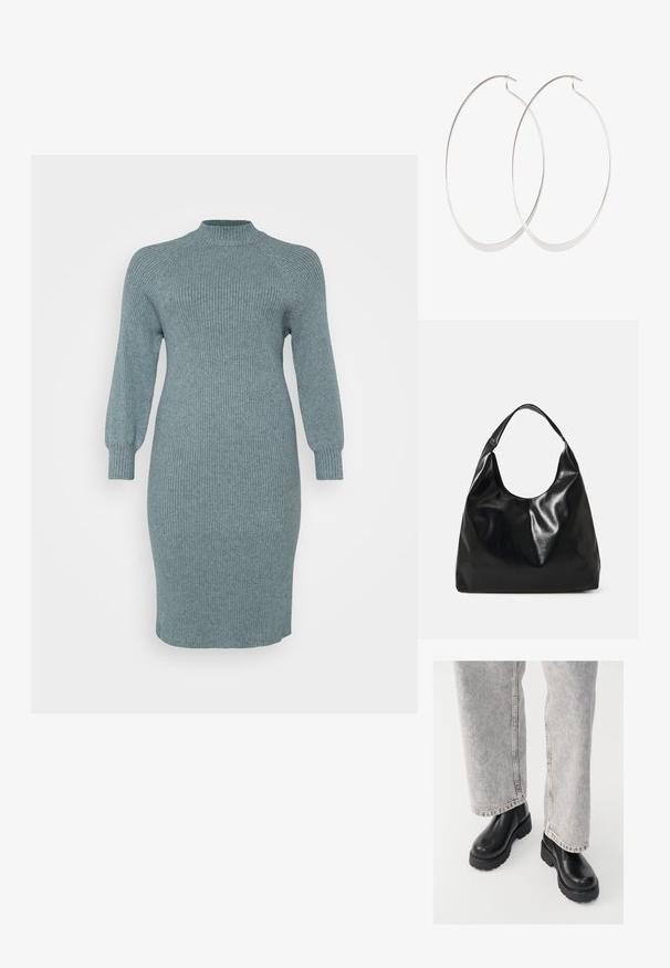 Robe en tricot côtelé teal avec de longues manches bouffantes et un col montant, coupe ajustée, longueur genoux, finition texturée, sans motifs ni accessoires visibles.; Vagabond COSMO - Bottines à plateau - black; Sac hobo en cuir noir avec une texture douce et brillante et un haut ouvert arrondi. Dispose d'une large sangle courbée pour le transport. Pas de matériel visible.; Boucles d'oreilles en argent avec un design fin et lisse ; forme ovale allongée ; finition polie ; présente un fermoir à crochet sécurisé.