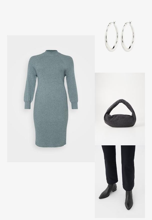 Vestido de punto de color verde azulado con mangas largas abullonadas y un cuello alto, ajuste entallado, hasta la rodilla, acabado texturizado, sin patrones visibles ni elementos metálicos.; Botas negras de cuero hasta el tobillo con punta afilada, tacón cuadrado y paneles laterales texturizados, combinadas con pantalones oscuros contra un fondo blanco.; Bolsa de tela gris oscuro con un asa curva, textura suave y forma redondeada. Sin hardware ni adornos visibles.; Pendientes de aro de plata con un acabado suave y brillante. Forma circular, con un cierre seguro. Diseño sencillo y elegante.