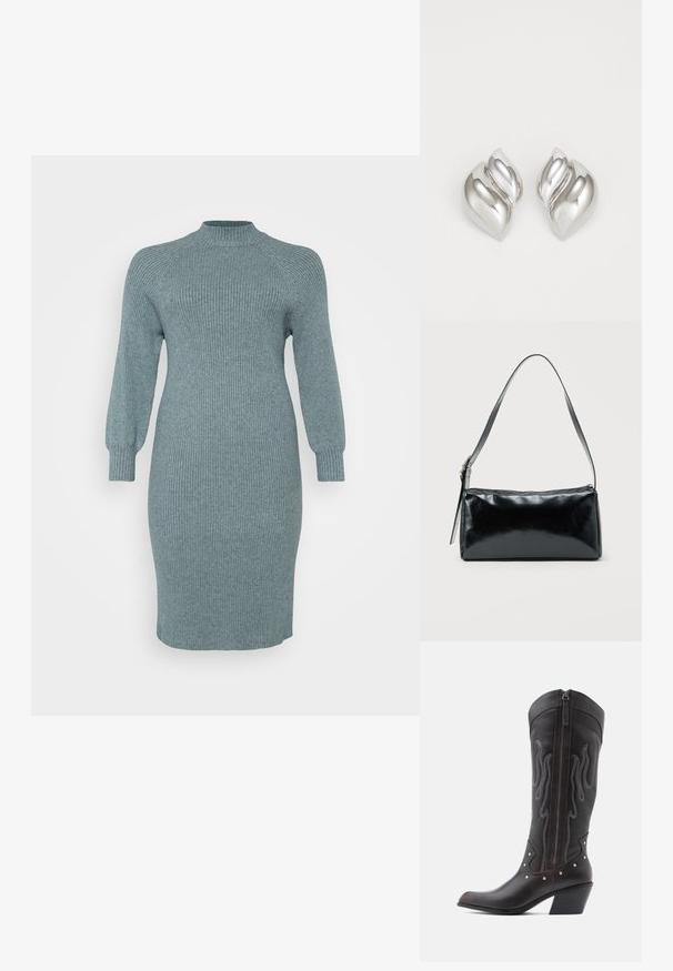 Ribbed teal Strickkleid mit langen Puffärmeln und hohem Halsauschnitt, taillierte Passform, knielang, strukturierte Oberfläche, keine sichtbaren Muster oder Hardware.; Braune Cowboy-Stiefel aus Leder mit Flammenstickerei, seitlichem Reißverschluss, silbernen Nieten, spitzer Zehenpartie und geschichtetem Absatz.; Schwarze rechteckige Schultertasche mit einem verstellbaren Riemen und einem oberen Reißverschluss vor einfachem Hintergrund.; Silberne Ohrringe mit einer organischen, abstrakten Form. Glatte, glänzende Oberfläche mit einem konischen Design. Mit dezenten Kurven und einem zentralen Linienelement.