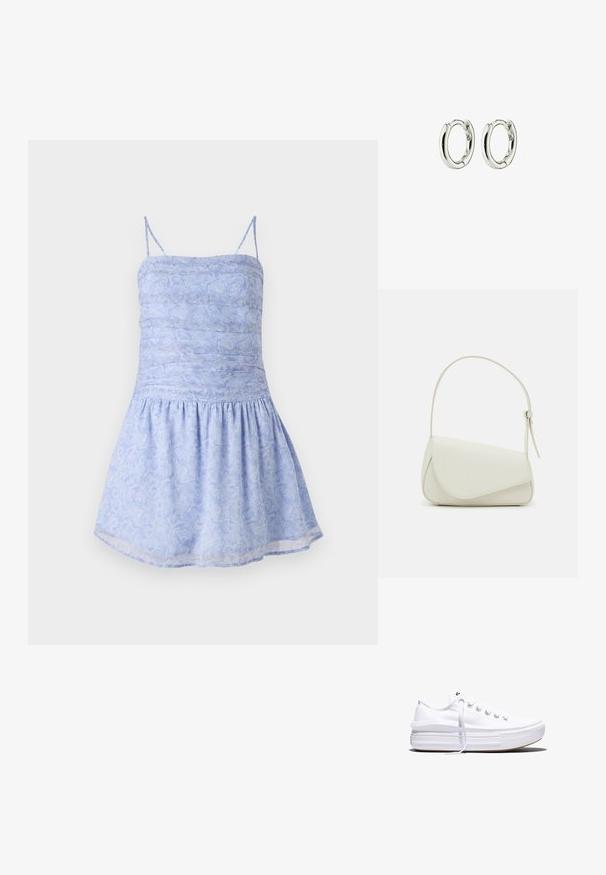 Un vestido de verano azul claro con tirantes finos, cuerpo fruncido y dobladillo acampanado; presenta un patrón floral y una tela suave y ligera.; Zapatilla blanca de lona de perfil bajo con suela gruesa de plataforma, cierre de cordones en el frente y puntera de goma texturizada, mostrada de perfil.; Bolso de mano de imitación cuero blanco con una forma triangular estructurada, correa ajustable única y cierre con solapa acentuada en curva.; Pendientes de aro de plata con un acabado suave y brillante. Forma redondeada con un cierre seguro. Diseño minimalista que presenta un sutil detalle retorcido.