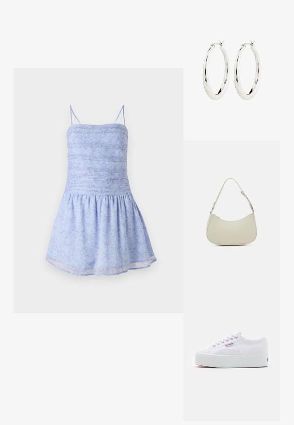 Lysblå sommerkjole med tynde stropper, rynket bodice og udvidet kant; har blomsterprint og glat, letvægtsstof.; Hvide canvas sneakers med en tyk hvid platformssål, rund tå og metaløjelets til snørebånd. Mærkets logo præsenteret på siden.; Pieces PCALUANA SHOULDER BAG - Håndtasker - birch; Sølvøreringe i form af hoops med en glat, blank finish. Cirkulær form, der har en sikker lås. Simpelt og elegant design.