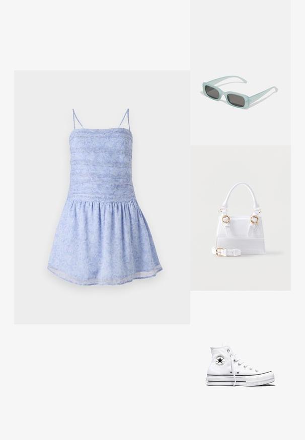 Lysblå sommerkjole med tynde stropper, rynket bodice og udvidet kant; har blomsterprint og glat, letvægtsstof.; Hvid højtop Converse Chuck Taylor All Star-sneaker med sort logo-patch og hvide snørebånd, vist på hvid baggrund.; Et par rektangulære solbriller med lyseblå gennemsigtige stel og mørkegrå linser, der har lige templer og minimale hardware detaljer.; Hvid struktureret håndtaske med tophåndtag, to spænder i guldfarve på forsiden og en aftagelig justerbar skulderrem.