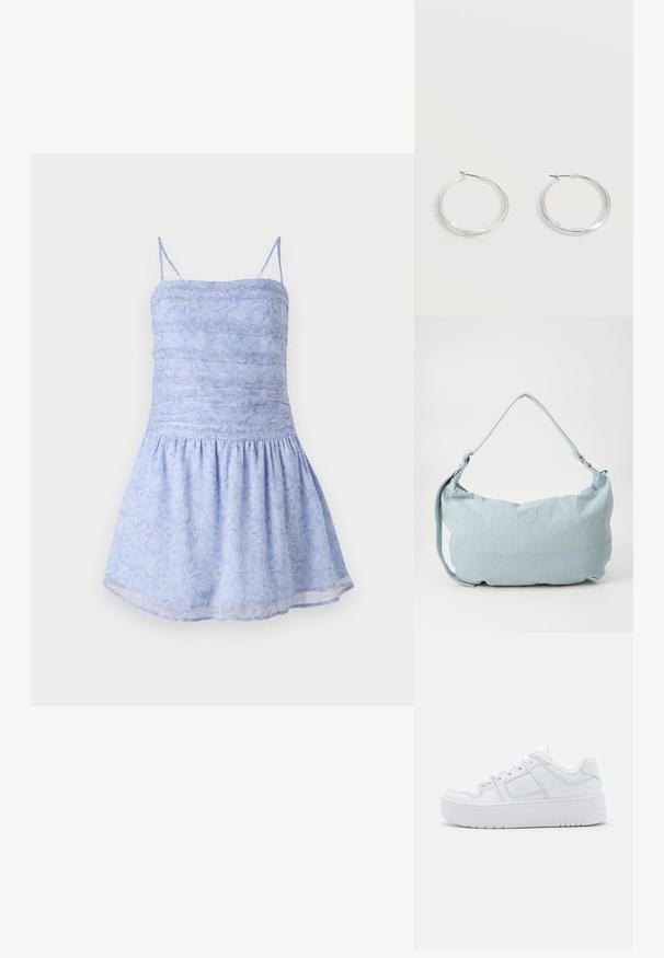 Lysblå sommerkjole med tynde stropper, rynket bodice og udvidet kant; har blomsterprint og glat, letvægtsstof.; Hvide syntetiske sneakers med en glat overflade, rund tå, snørebåndsdesign og en tyk sål med et struktureret mønster.; Lysblå denim skuldertaske i en rund form, justerbar rem og diskret syning langs den nederste kant. Blød tekstur.; Sølvfarvede metaloorringe med glat, let buet overflade og låsemekanisme på en ensfarvet hvid baggrund.
