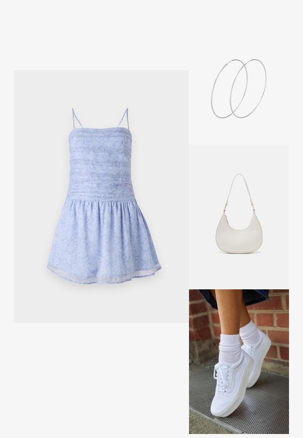 Lysblå sommerkjole med tynde stropper, rynket bodice og udvidet kant; har blomsterprint og glat, letvægtsstof.; Hvide lærreds sneakers med gummisåler, der har seks snørehuller, rund tå og let sømdetaljer, krydret med hvide ankelstrømper.; Cremefarvet læder skuldertaske med en halvmåneform, tynd rem og diskrete syninger. Minimalistisk design med hardware-accenter i guldton.; Sølvøreringe med et minimalistisk design. Cirkulær form, glat tekstur og tynd profil. Letvægtige med en poleret overflade.