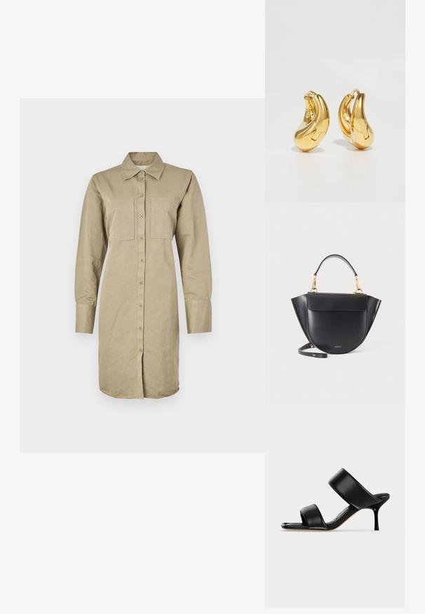 Vestido camisero de manga larga color caqui, hecho de algodón, con botones frontales, dos bolsillos en el pecho y un dobladillo curvado.; Sandalia mule de cuero negro con dos tiras anchas y un tacón de aguja delgado de altura media sobre un fondo claro y sencillo.; Bolso de mano de cuero negro con base redondeada, lados alados, herrajes dorados, asa corta y correa larga desmontable, sobre fondo liso y claro.; Pendientes de aro de oro con forma curva y suave, y acabado pulido. Presentan un mecanismo de cierre y ligeras indentaciones para un toque de detalle.
