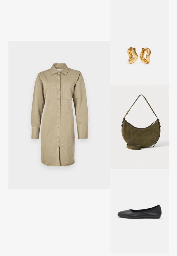 Kahaki Langarmhemdkleid aus Baumwolle, mit Knopfleiste, zwei Brusttaschen und abgerundetem Saum.; Schwarze Leder-Ballettschuhe mit abgerundeter Spitze, glatter Textur, minimalen Nähdetails und einem flexiblen Sohlen-Design.; Olivgrüne Wildlederhandtasche in Halbmondform mit kurzem Schulterriemen und zusätzlichem verstellbarem Langriemen, oberer Reißverschluss.; Goldfarbene Creolen mit wellenförmigem Design, das eine glatte, glänzende Oberfläche und eine stromlinienförmige Form aufweist. Keine sichtbaren Verschlüsse.