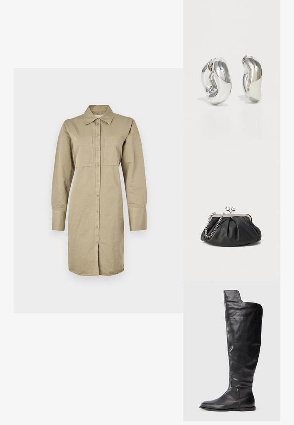 Vestido camisero de manga larga color caqui, hecho de algodón, con botones frontales, dos bolsillos en el pecho y un dobladillo curvado.; Bota negra de cuero hasta la rodilla con suela plana y parte superior ligeramente más ancha, con un corte asimétrico en el lado exterior.; Clutch de cuero negro con textura arrugada, marco de metal en tono plateado, cierre de beso y cadena para colgar. Superficie suave y lisa.; Pendientes escultóricos de plata con formas suaves y curvas y superficies reflectantes. Presentan un diseño de aro cerrado y una forma orgánica distintiva.