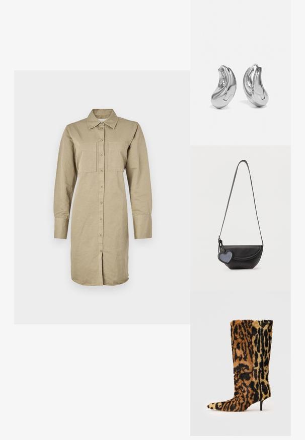 Khaki langærmet skjortekjole lavet af bomuld, med knaplukning foran, to brystlommer og en buet kant.; Mid-calf højhælede støvler dækket af brun og sort leopardmønstret faux pels med spids tå og slank hæl.; Sort skuldertaske i læder med rundet klap og et hængende hjerteformet vedhæng på en ensartet lys baggrund.; Sølvøreringe med en buet, blank finish og et sømløst design. Har en hængsellukning for sikker bæring.