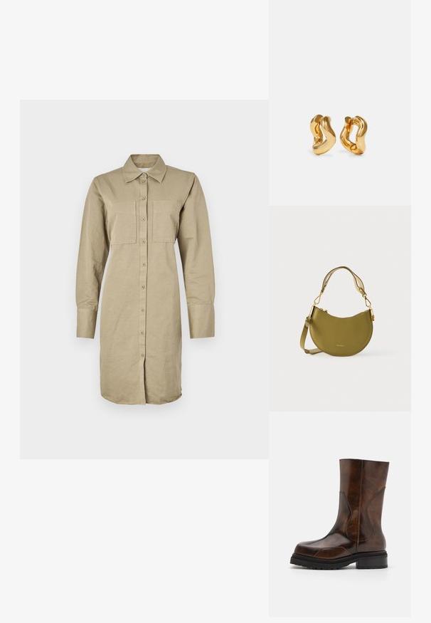 Khaki pikkade varrukatega särgimekko, mis on valmistatud puuvillast, ainulaadse nööpidega esiosaga, kahe rinnataskuga ja kumerate äärtega.; ECKHAUS LATTA STACKED BOOT - Platvormsaapad - dark brown; Rohelisest nahast õlakott kaardus kujuga, millel on kuldse tooniga pandlaga ja reguleeritava rihmaga. Sile tekstuur ja reljeefne logodetail.; Kullatoon kaareniid, millel on laineline disain, siledad ja läikivad pinnad ning voolujooneline kuju. Ühtki nähtavat kinnitust pole.